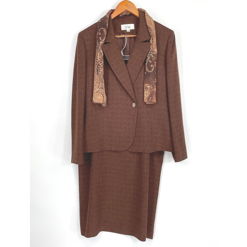 Le‎ Suit Womens Skirt Suit 16 Blazer Skirt Scarf 3 Piece Brown Textured